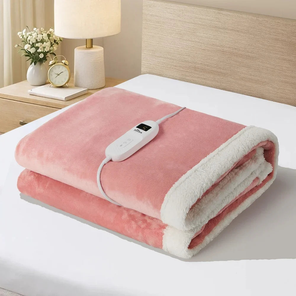 Electric Throw Rug Dual Side Heated Blanket Flannel & Sherpa Pink