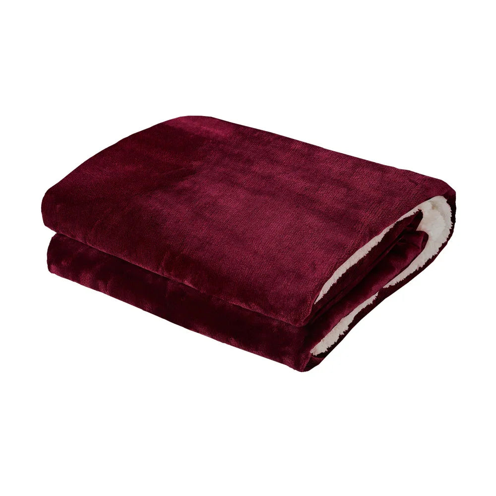 Electric Throw Rug Heated Blanket Flannel&Sherpa Burgundy