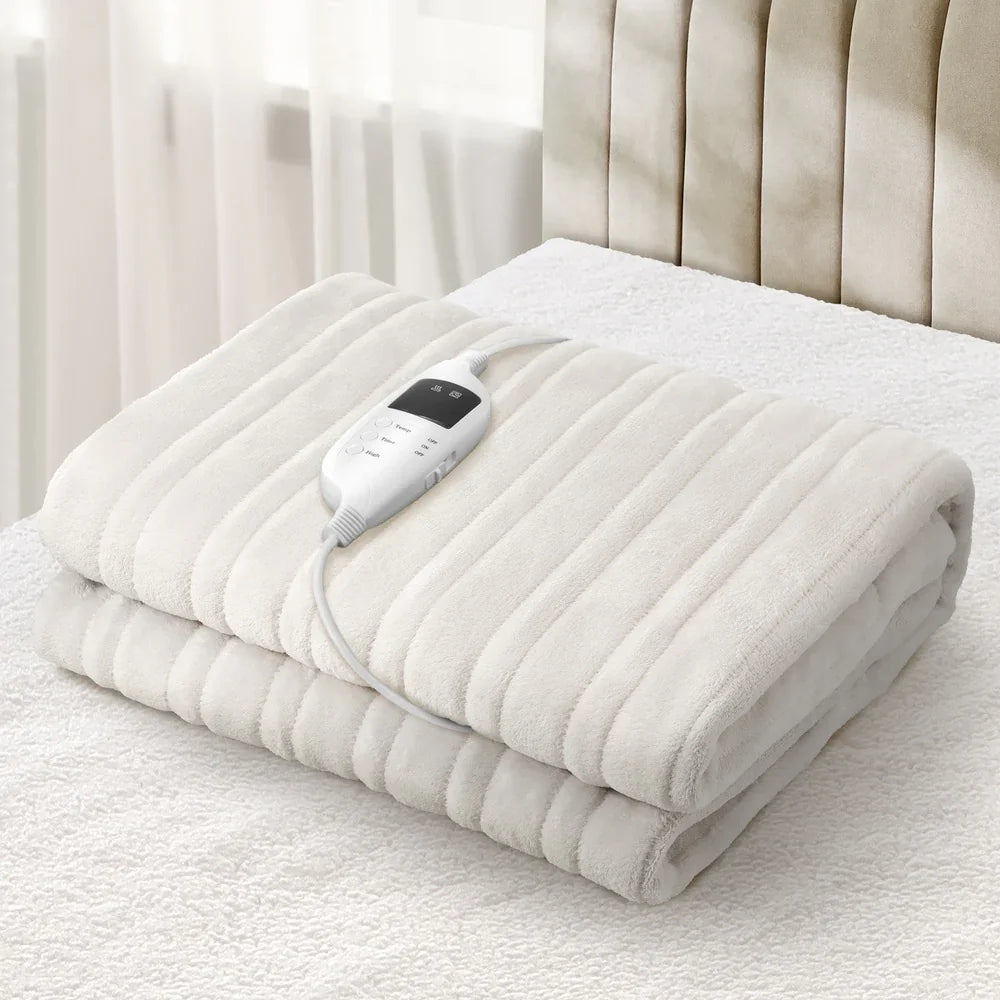 Electric Heated Throw Rug Washable Flannel Cream