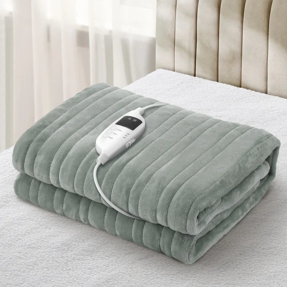 Electric Heated Blanket Washable Throw Rug Coral Fleece Light Green