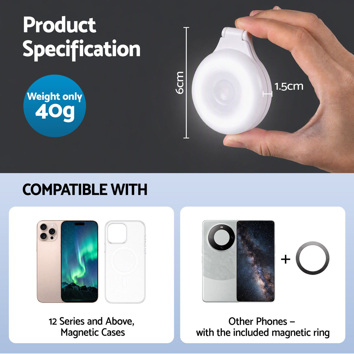Devanti Magnetic Selfie Ring Light 36 LED Foldable Phone Fill Light CRI95 Type-C