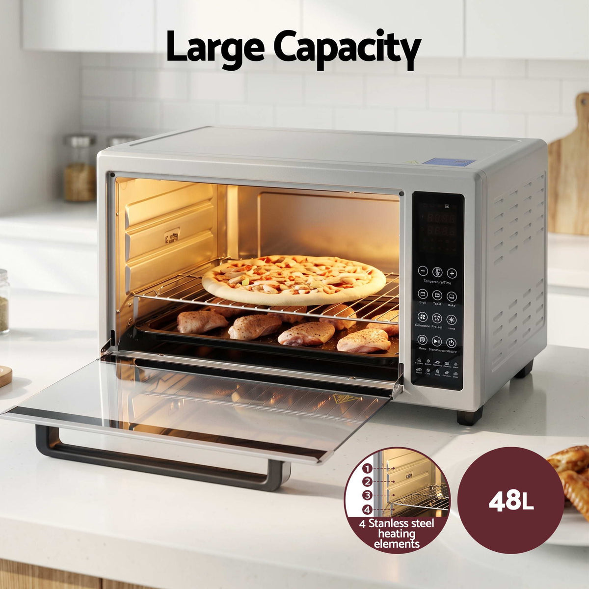 48L Convection Oven Electric Fryer Bake Grill Ovens Benchtop 2000W Silver