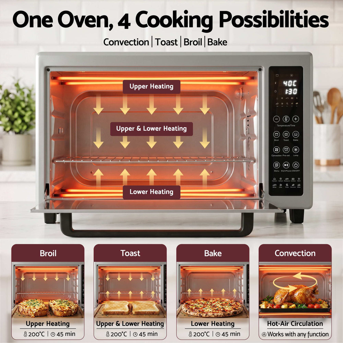 48L Convection Oven Electric Fryer Bake Grill Ovens Benchtop 2000W Silver