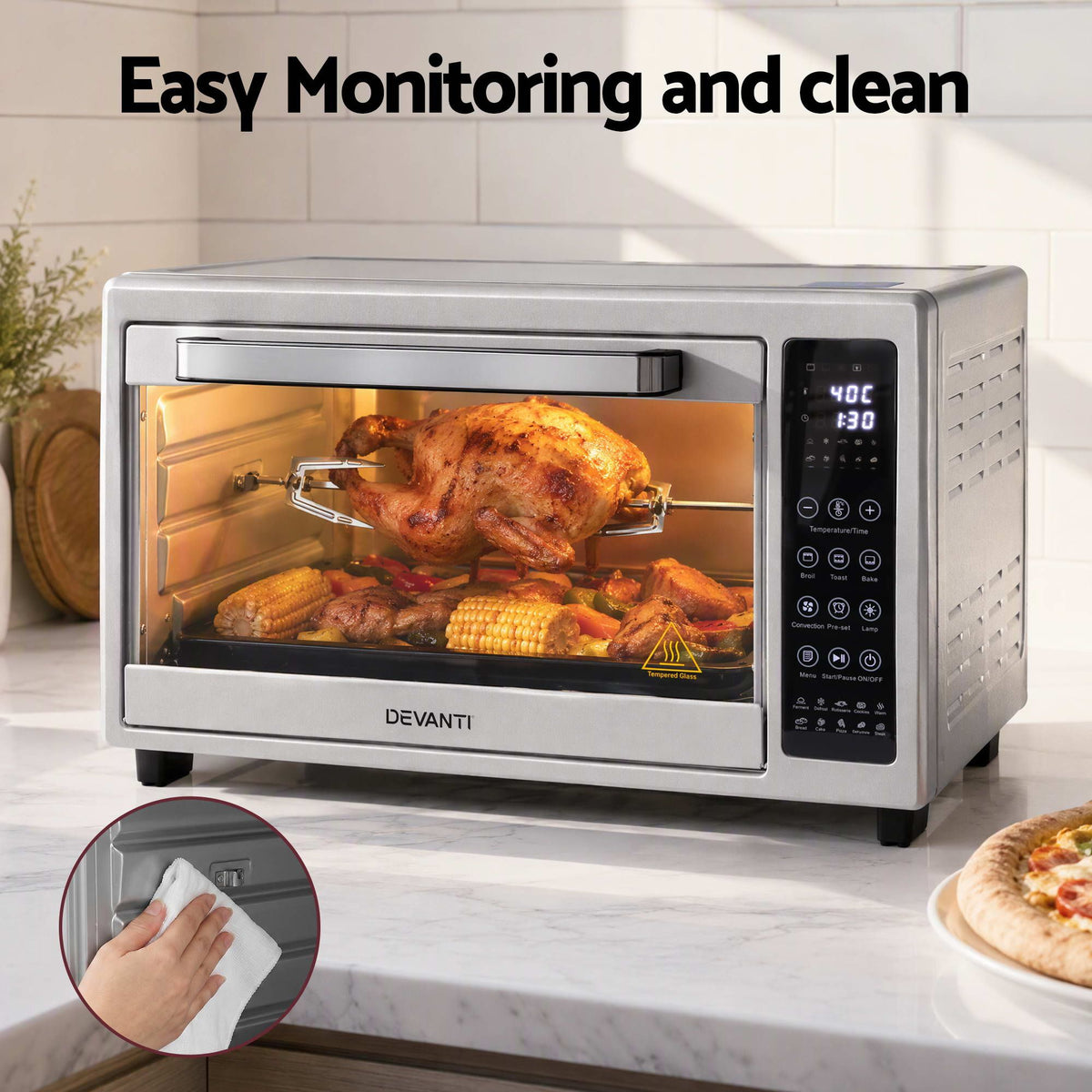 48L Convection Oven Electric Fryer Bake Grill Ovens Benchtop 2000W Silver