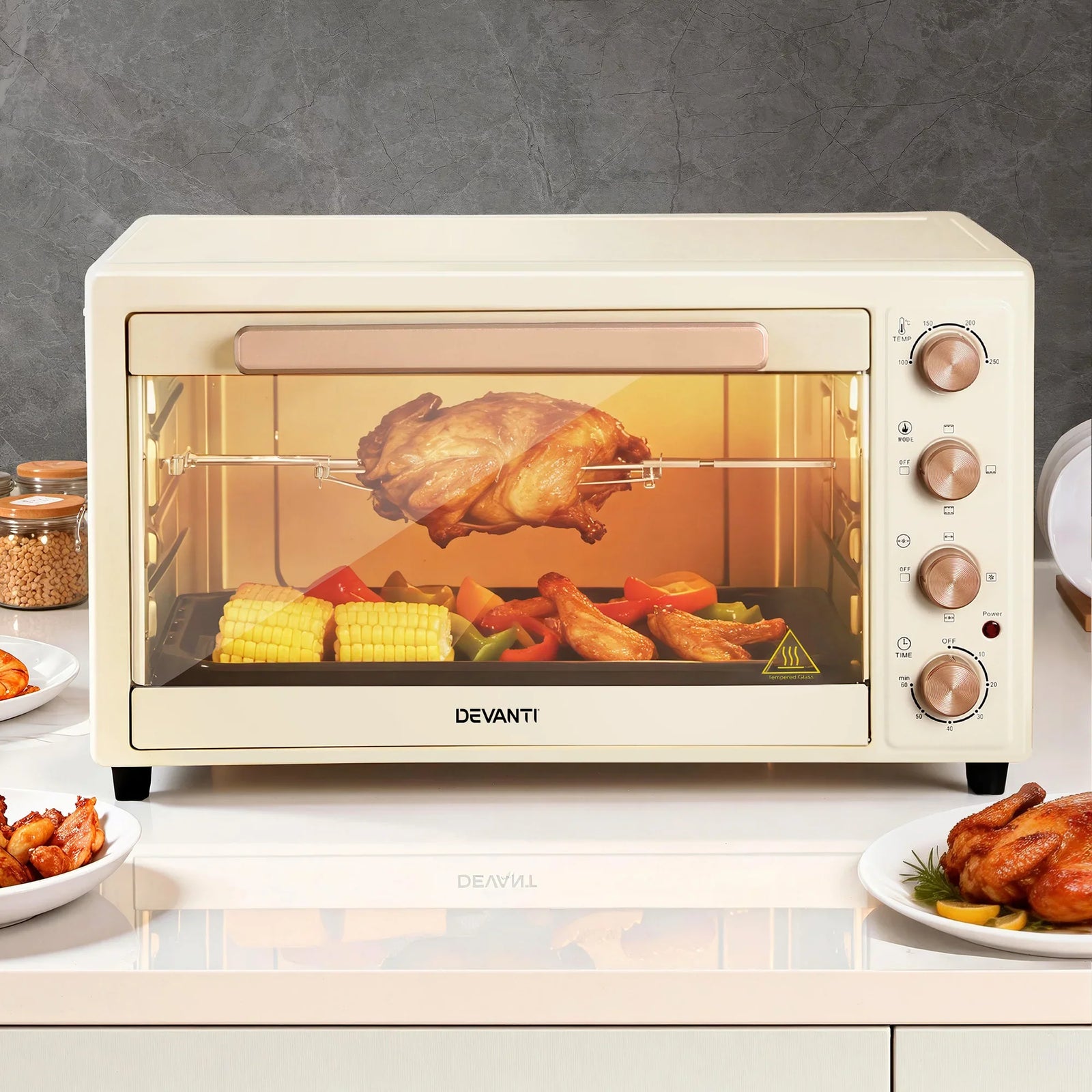 60L Convection Oven Electric Fryer Ovens 2000W Cream