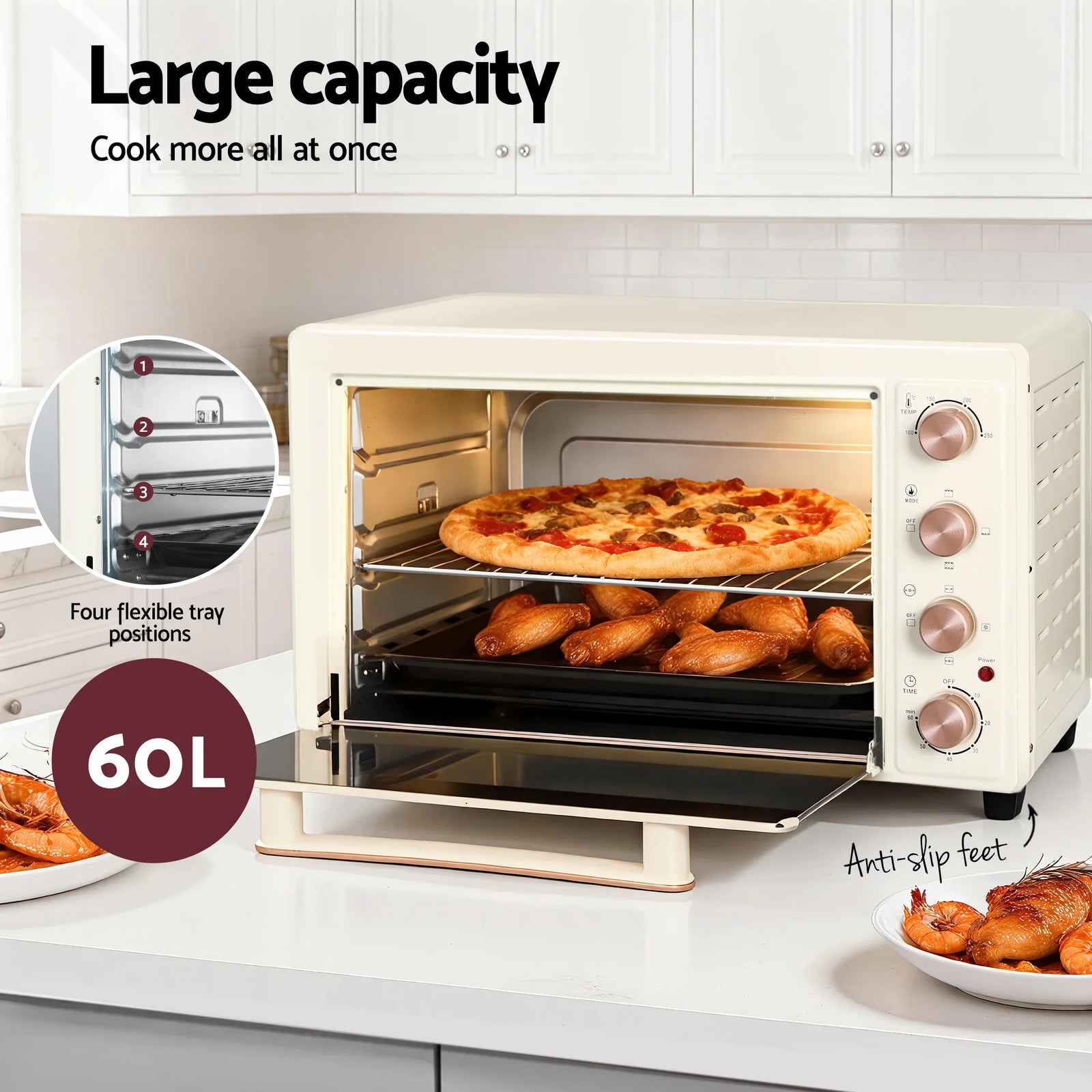 60L Convection Oven Electric Fryer Ovens 2000W Cream