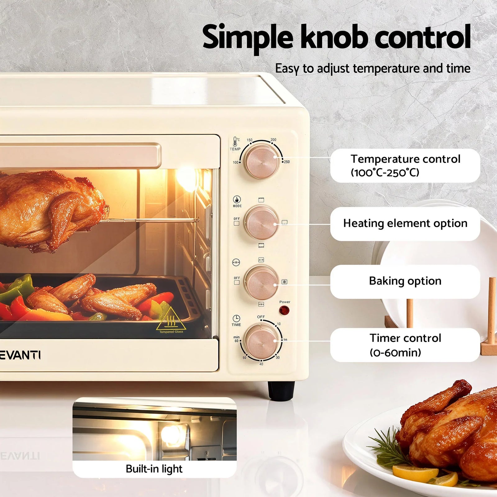 60L Convection Oven Electric Fryer Ovens 2000W Cream