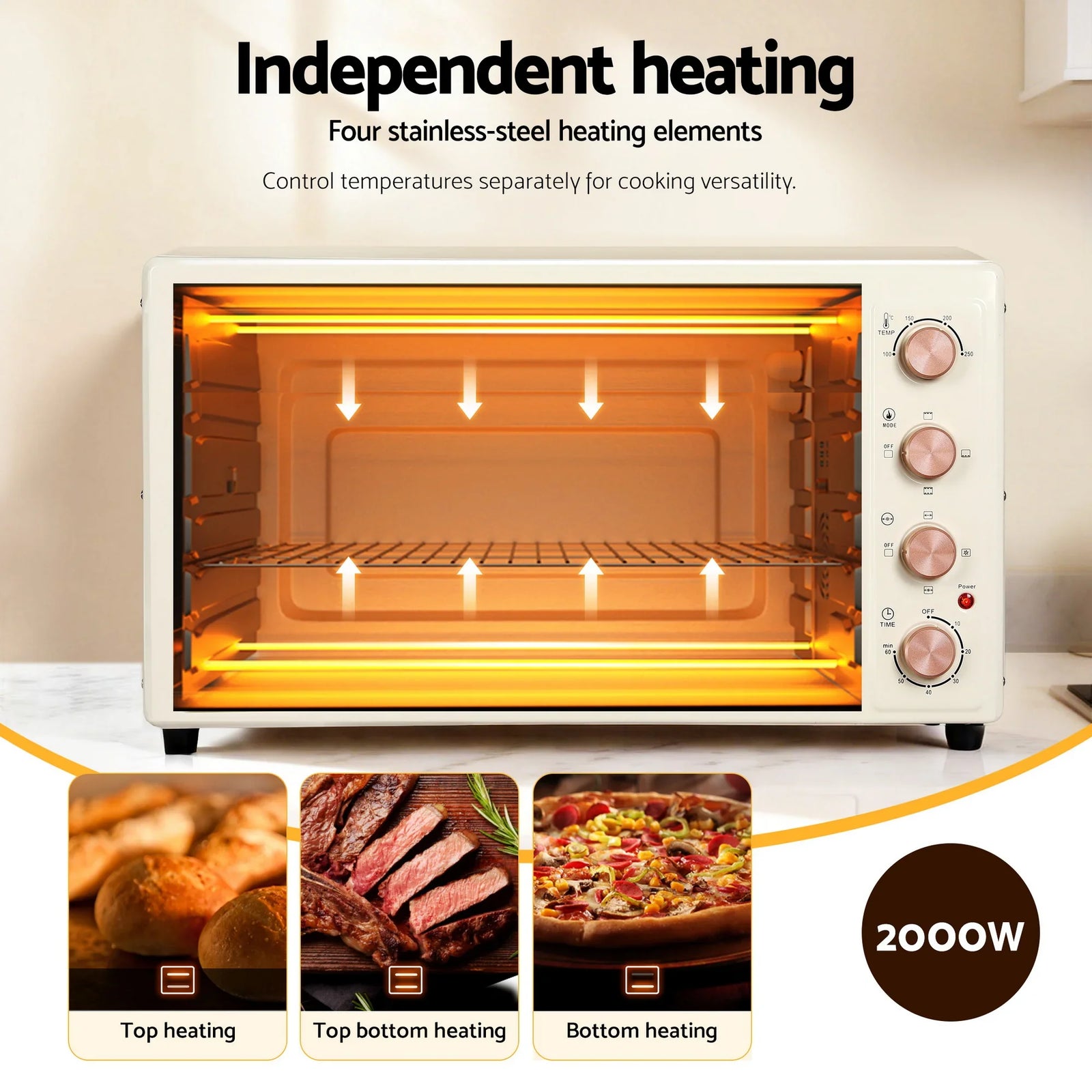 60L Convection Oven Electric Fryer Ovens 2000W Cream