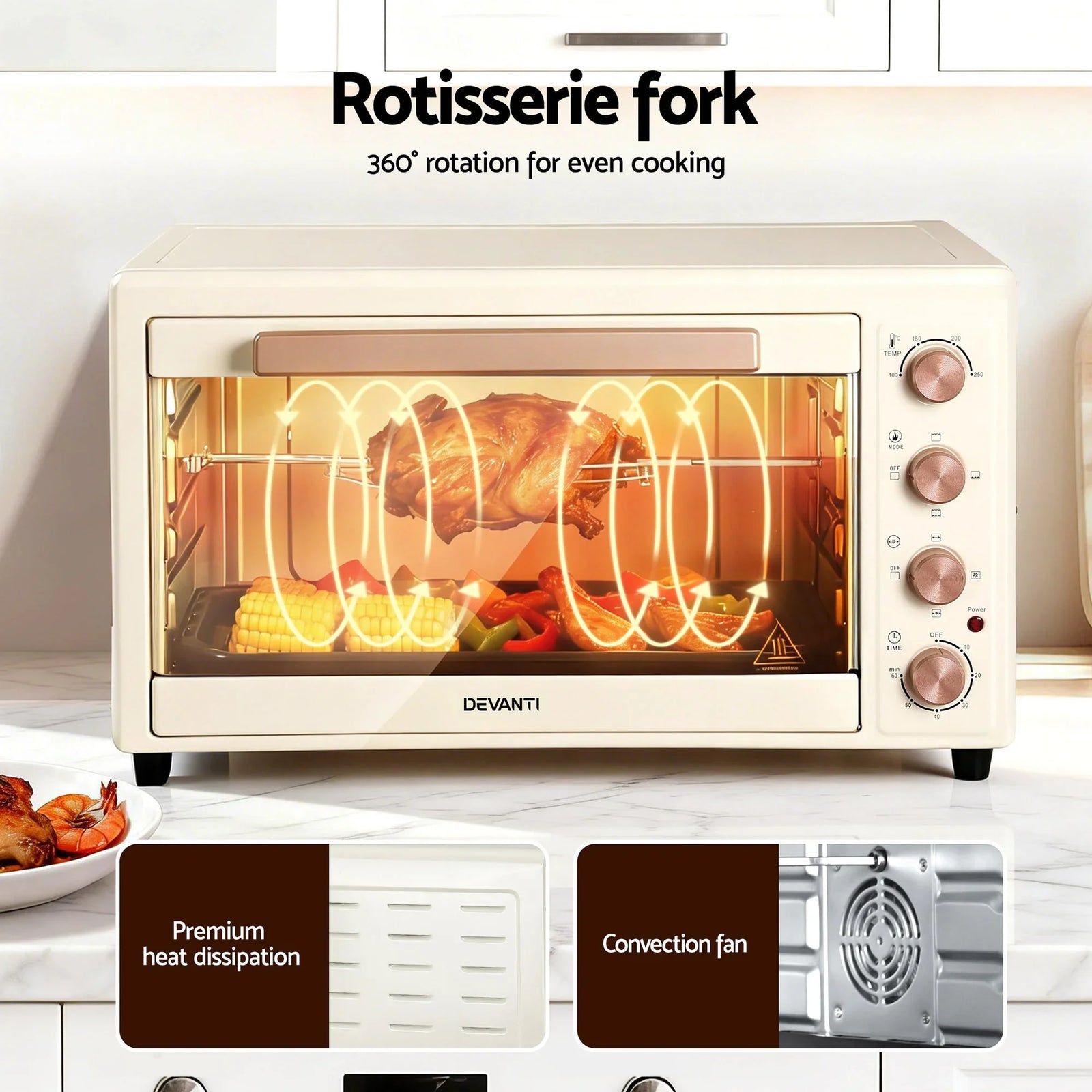 60L Convection Oven Electric Fryer Ovens 2000W Cream