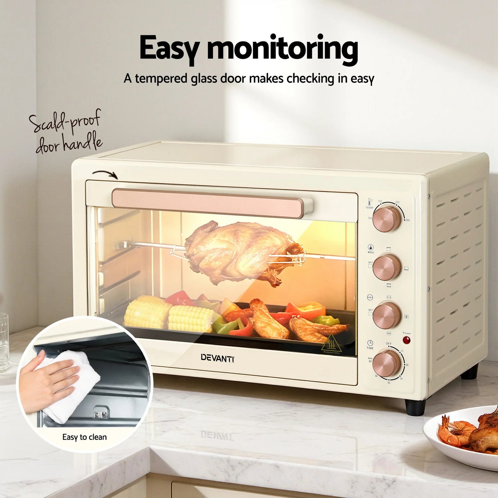 60L Convection Oven Electric Fryer Ovens 2000W Cream