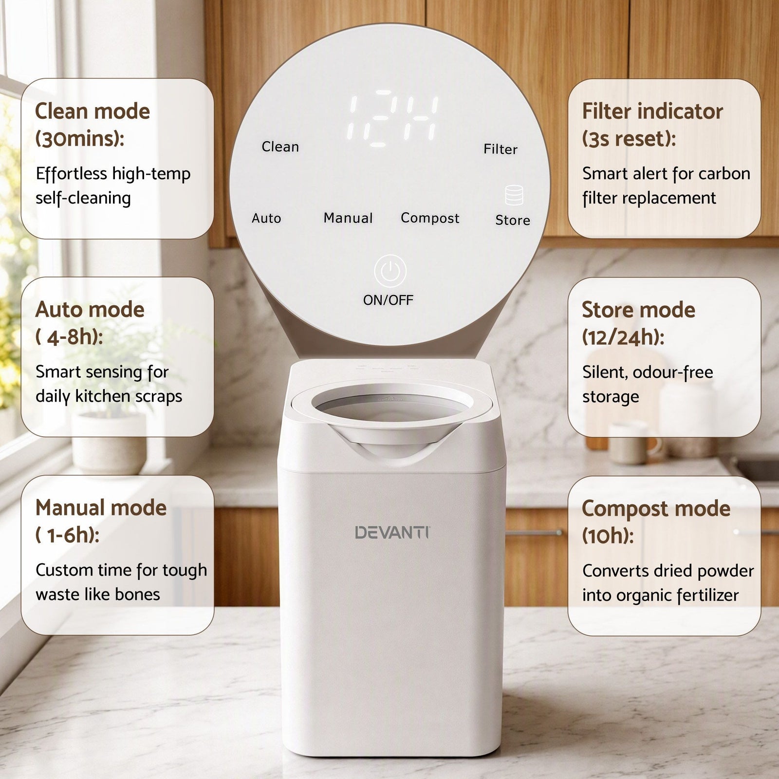 Devanti 4.5L Electric Composter, Smart Compost Bin, 90% Waste Reduction