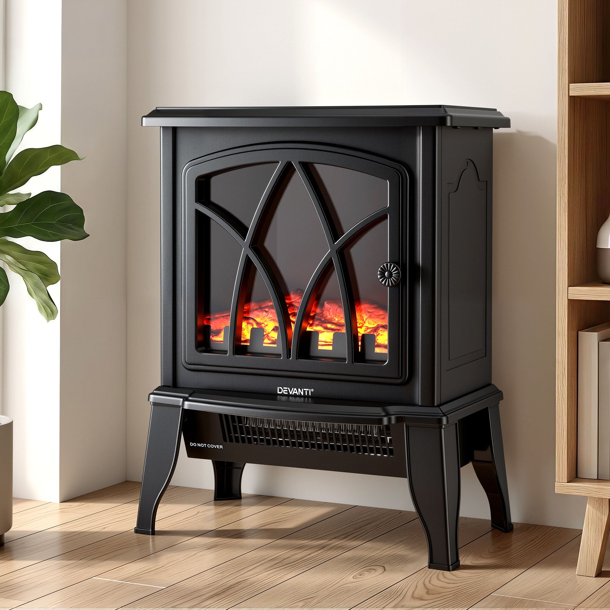 Freestanding Electric Fireplace – 2000W, LED Flame, Thermostat, Black