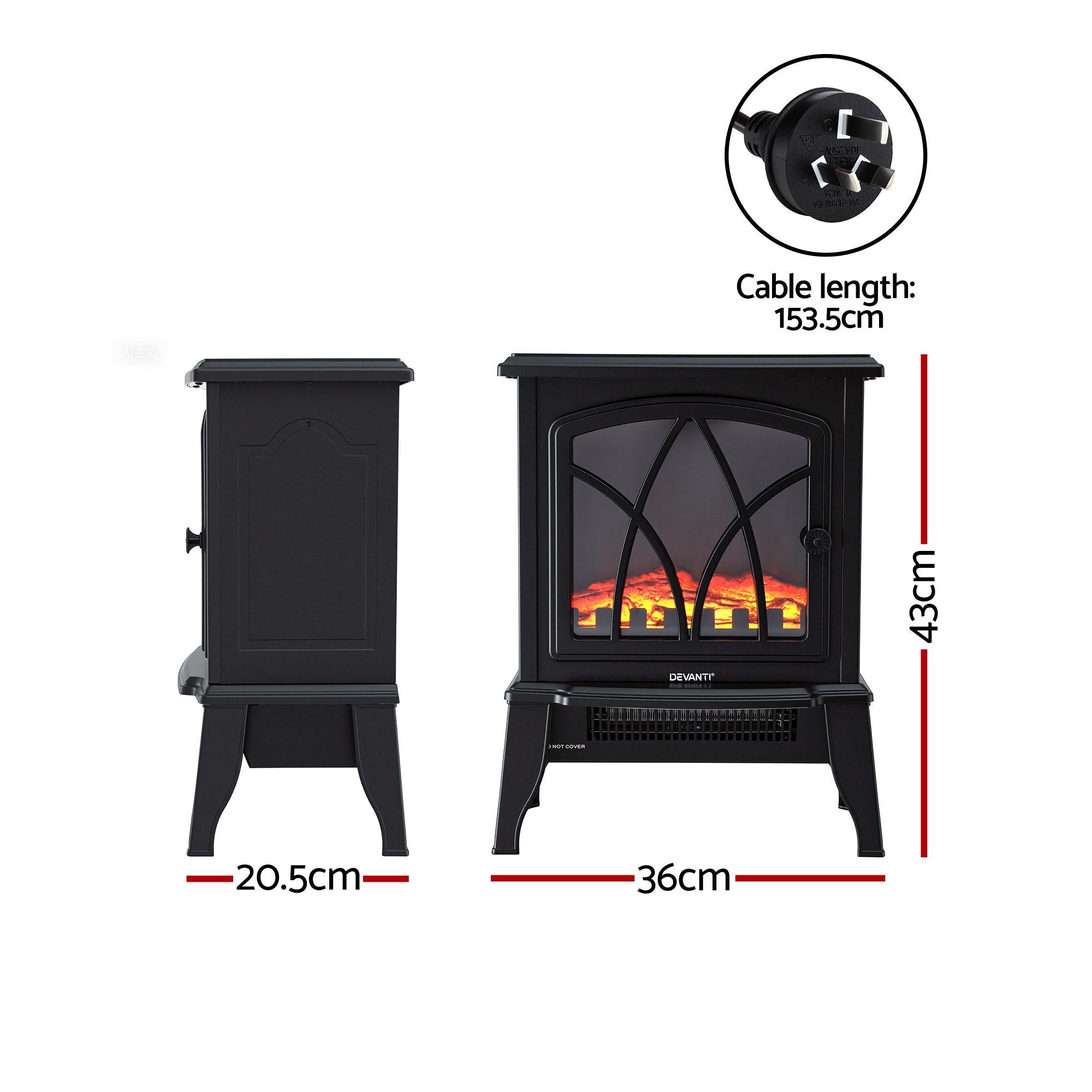 Freestanding Electric Fireplace – 2000W, LED Flame, Thermostat, Black