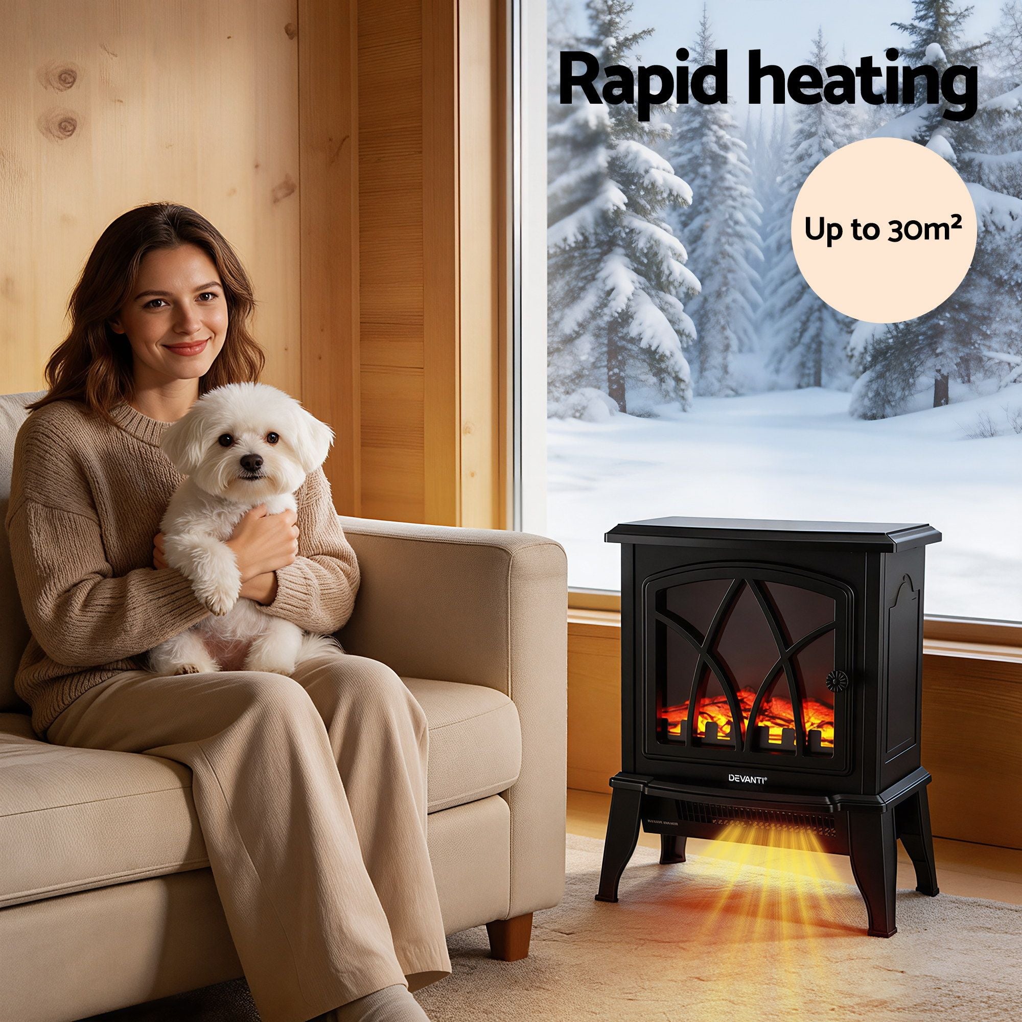 Freestanding Electric Fireplace – 2000W, LED Flame, Thermostat, Black