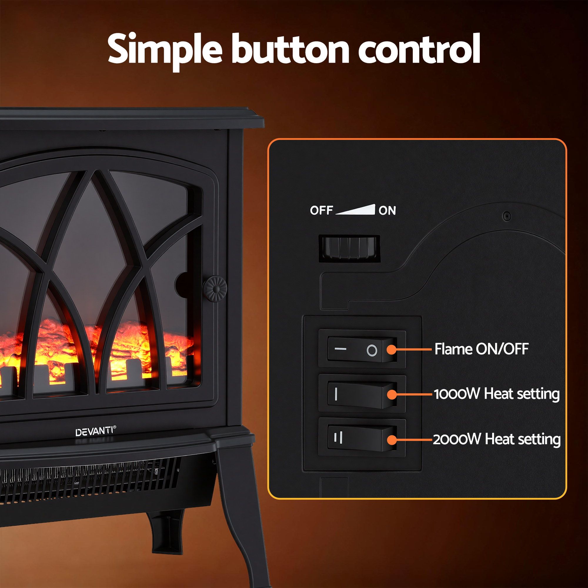 Freestanding Electric Fireplace – 2000W, LED Flame, Thermostat, Black