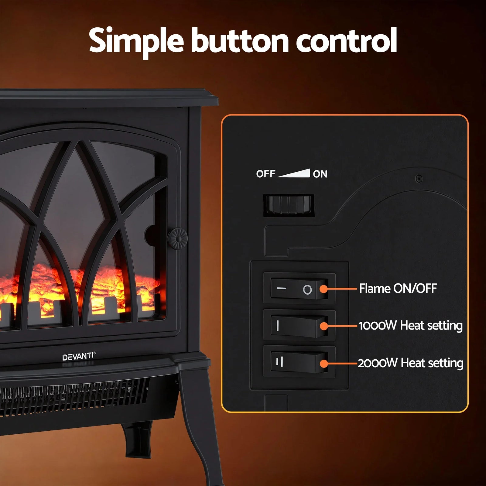 Freestanding Electric Fireplace – 2000W, LED Flame, Thermostat, Black
