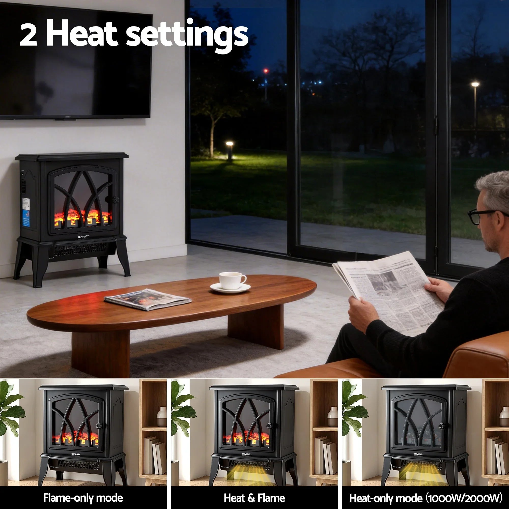 Freestanding Electric Fireplace – 2000W, LED Flame, Thermostat, Black