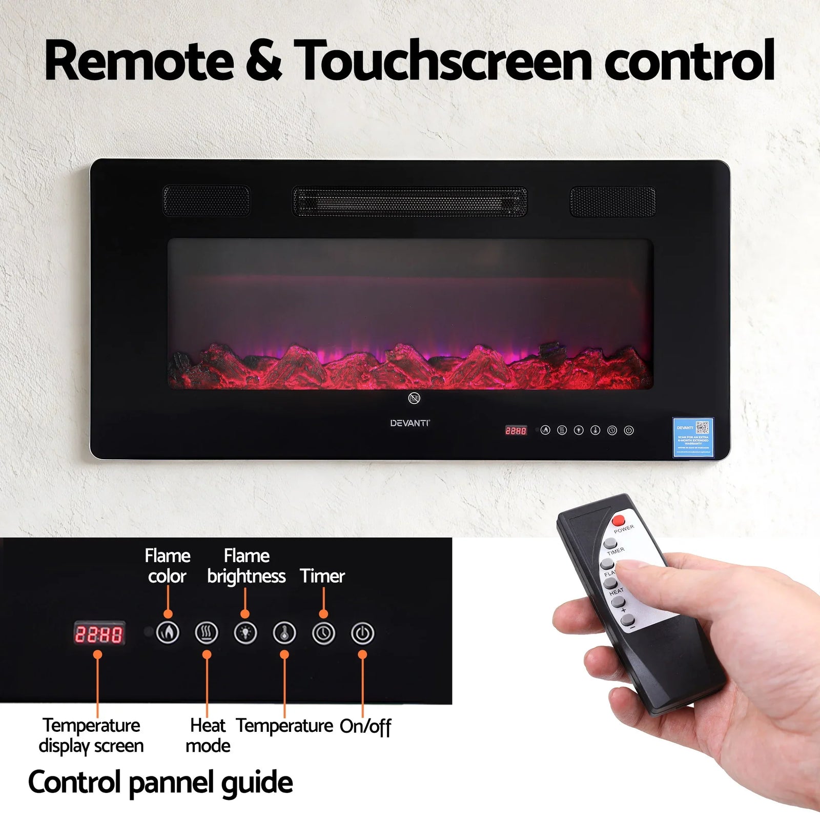 Electric Fireplace – Slim 92cm, 1000/1800W, 6 Flame Colours, Remote, Wall/Recess