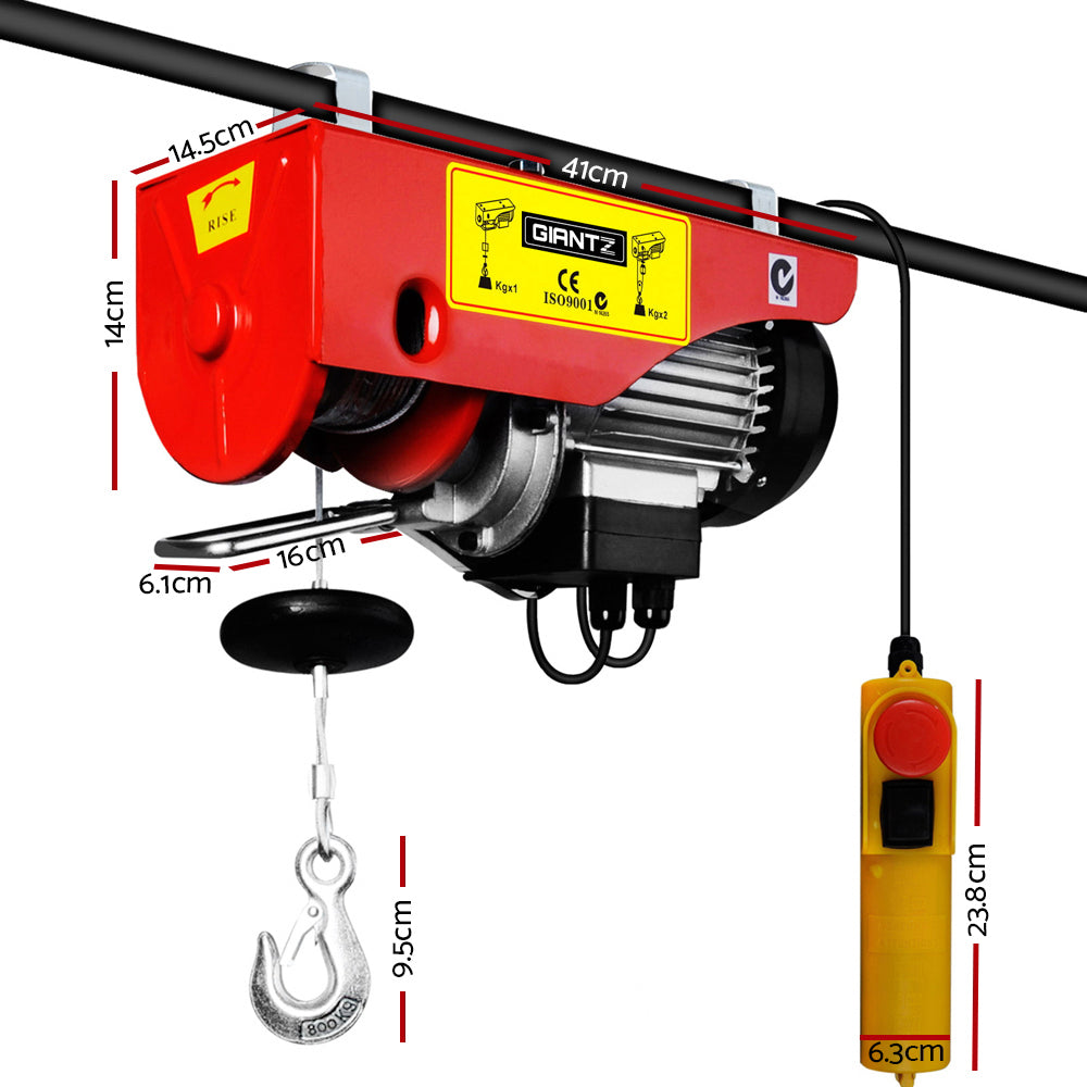800kg Electric Hoist Winch 1300W Wire Rope Lift 18m Cable