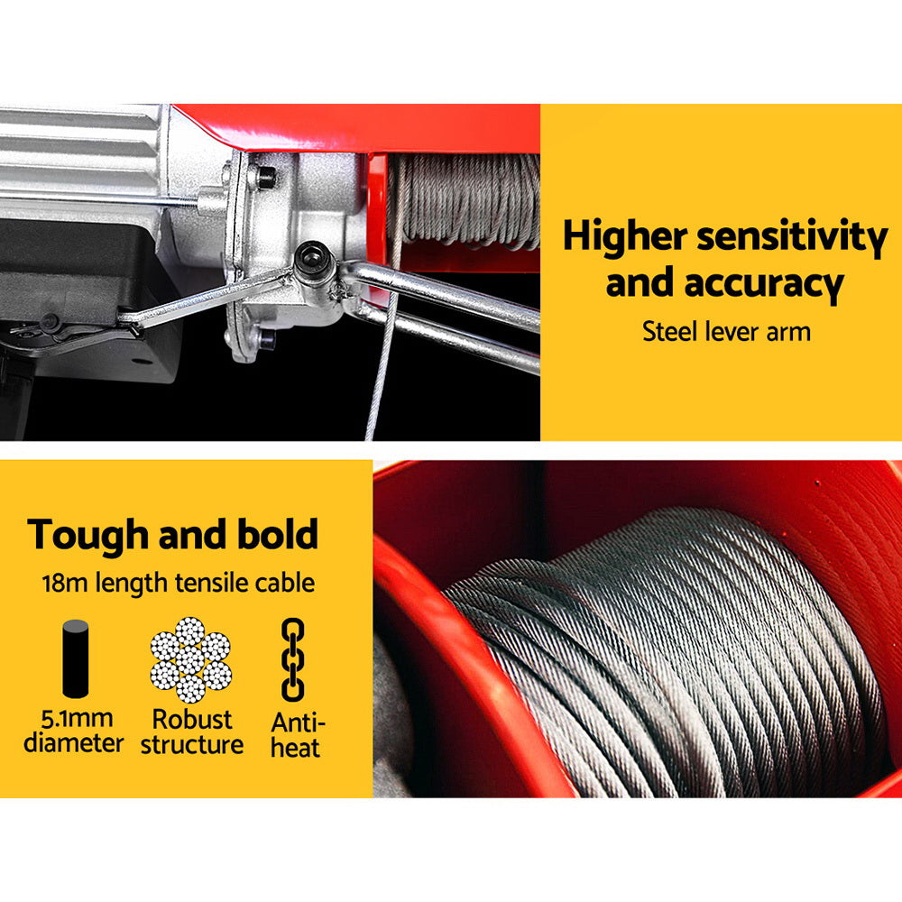 800kg Electric Hoist Winch 1300W Wire Rope Lift 18m Cable