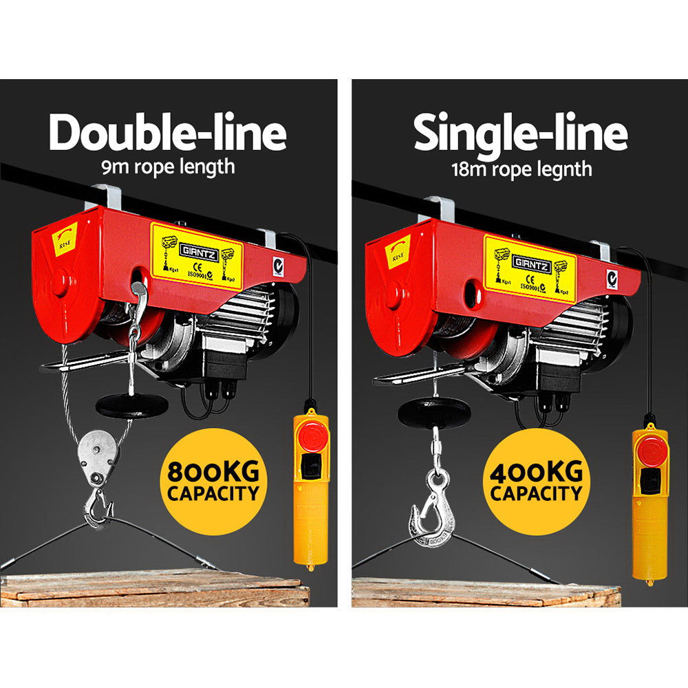 800kg Electric Hoist Winch 1300W Wire Rope Lift 18m Cable