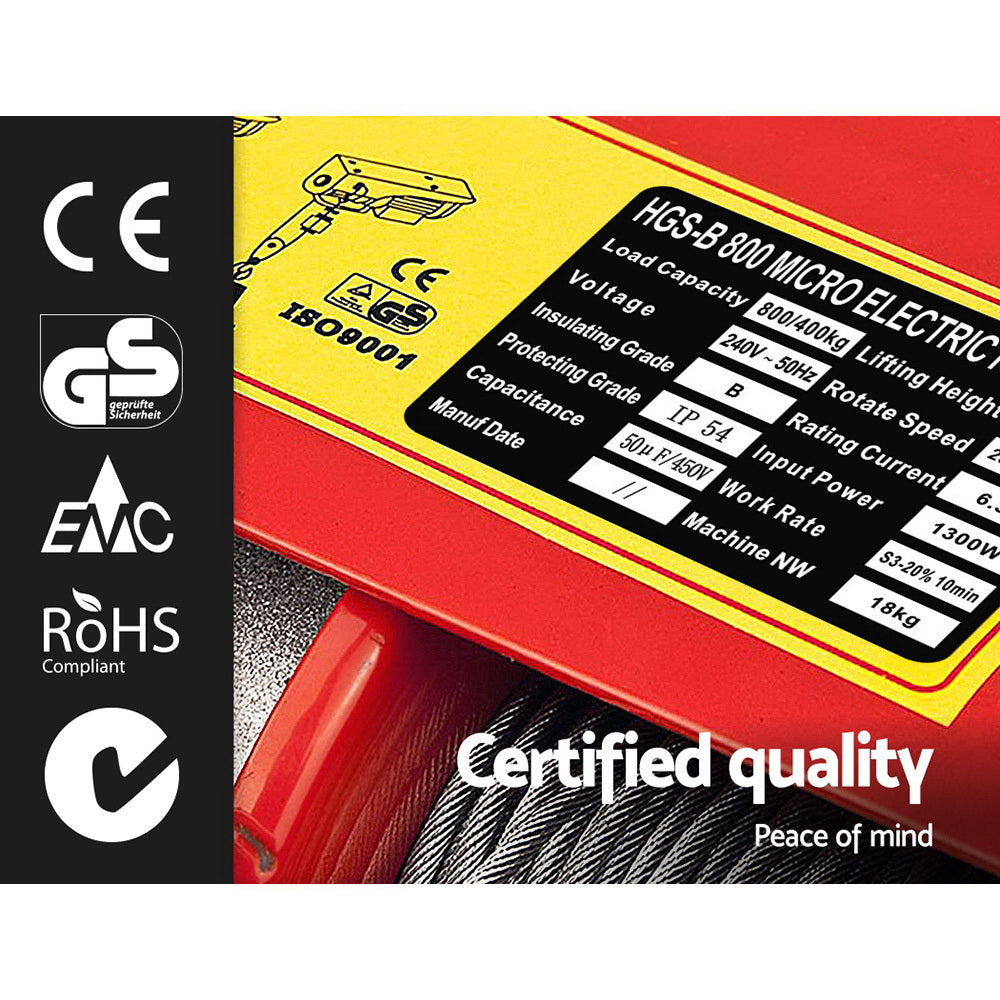 800kg Electric Hoist Winch 1300W Wire Rope Lift 18m Cable