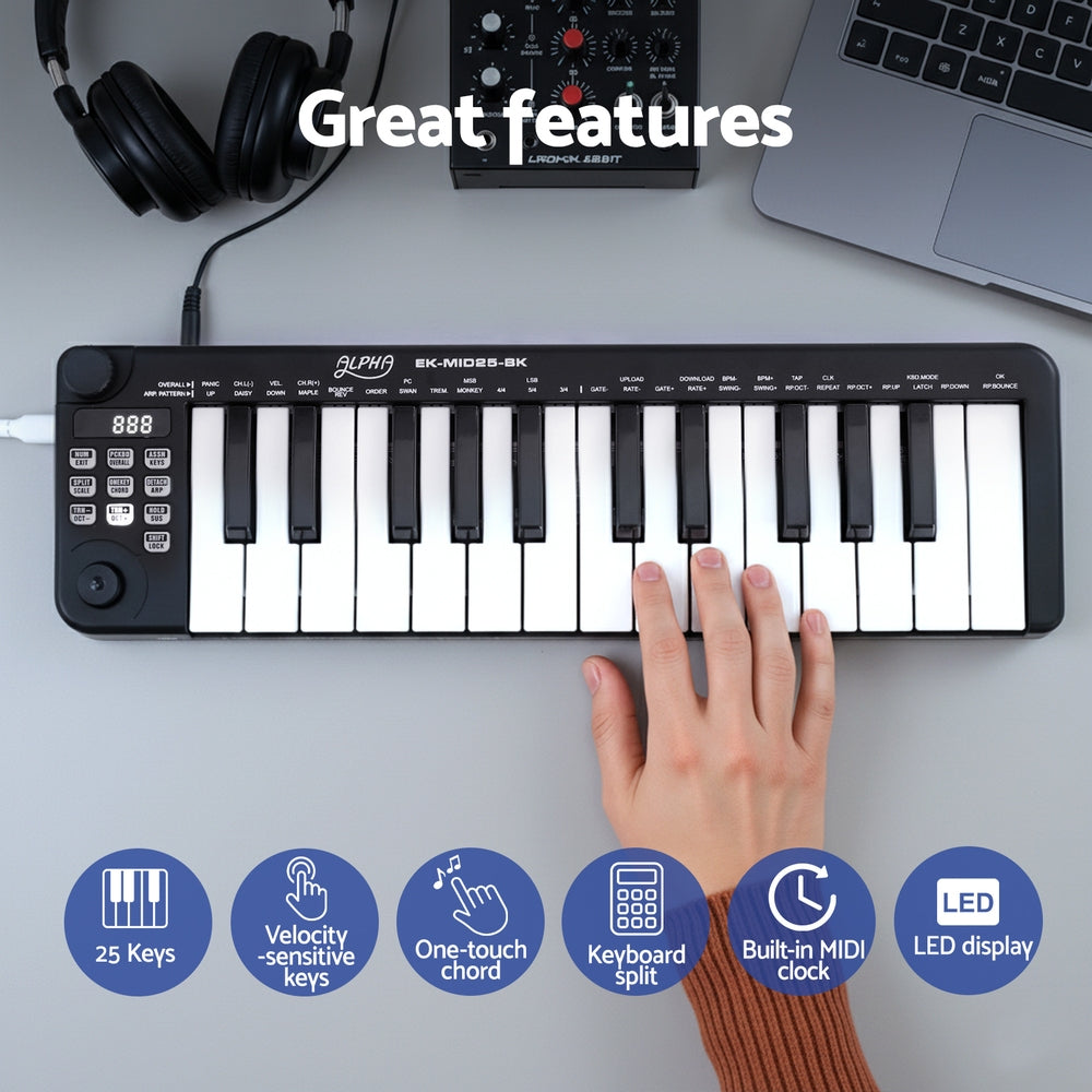 25-Key MIDI Keyboard Controller Portable USB Laptop Black