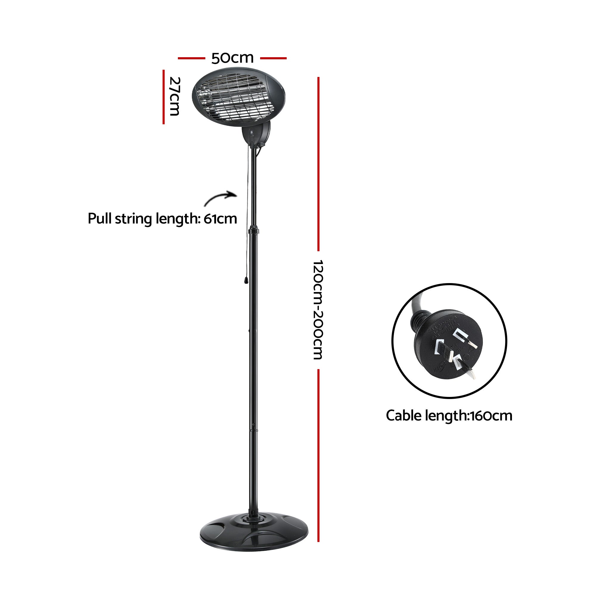 Electric Patio Heater – 2000W, 3 Heat Settings, Adjustable Height, IP34, Black