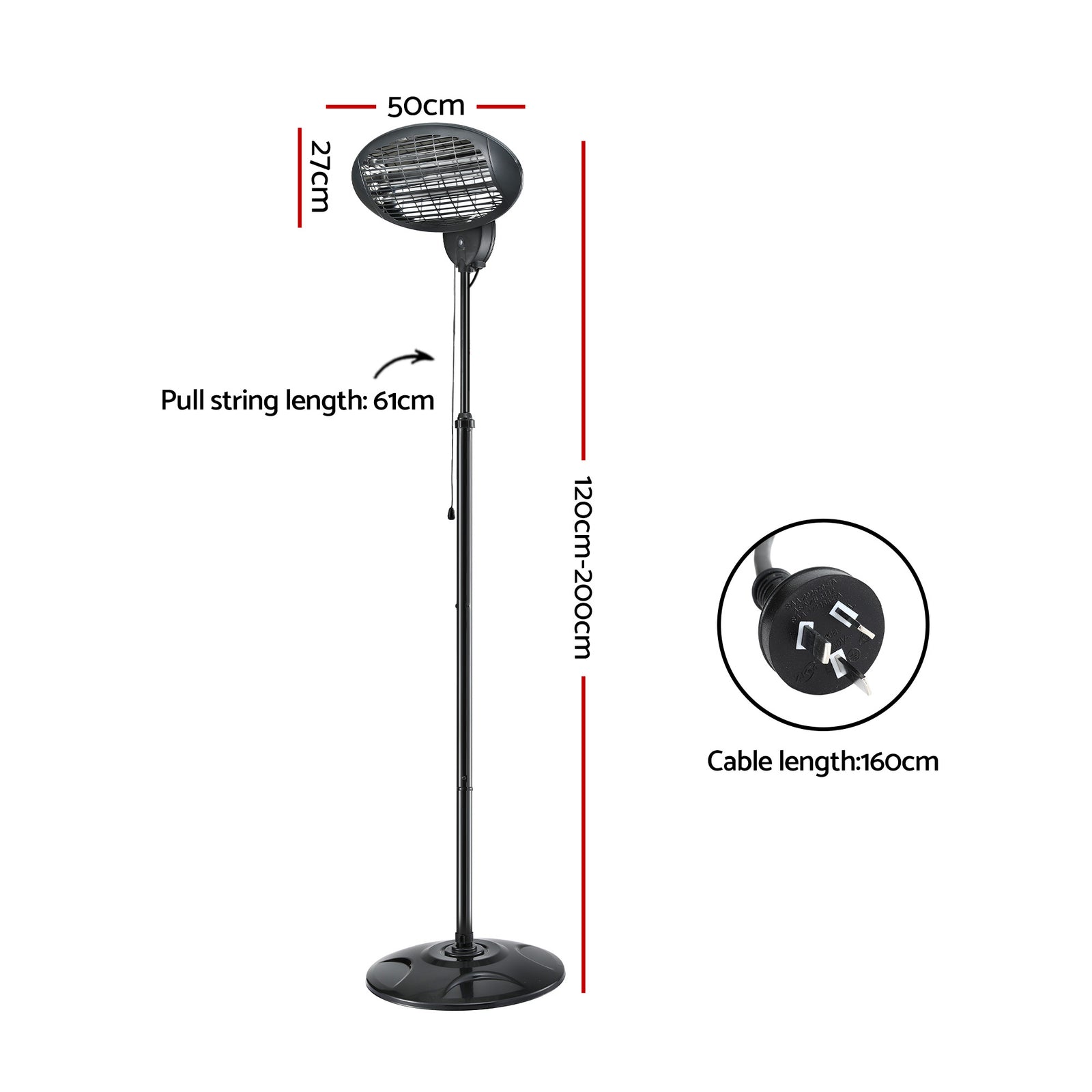 Electric Patio Heater – 2000W, 3 Heat Settings, Adjustable Height, IP34, Black