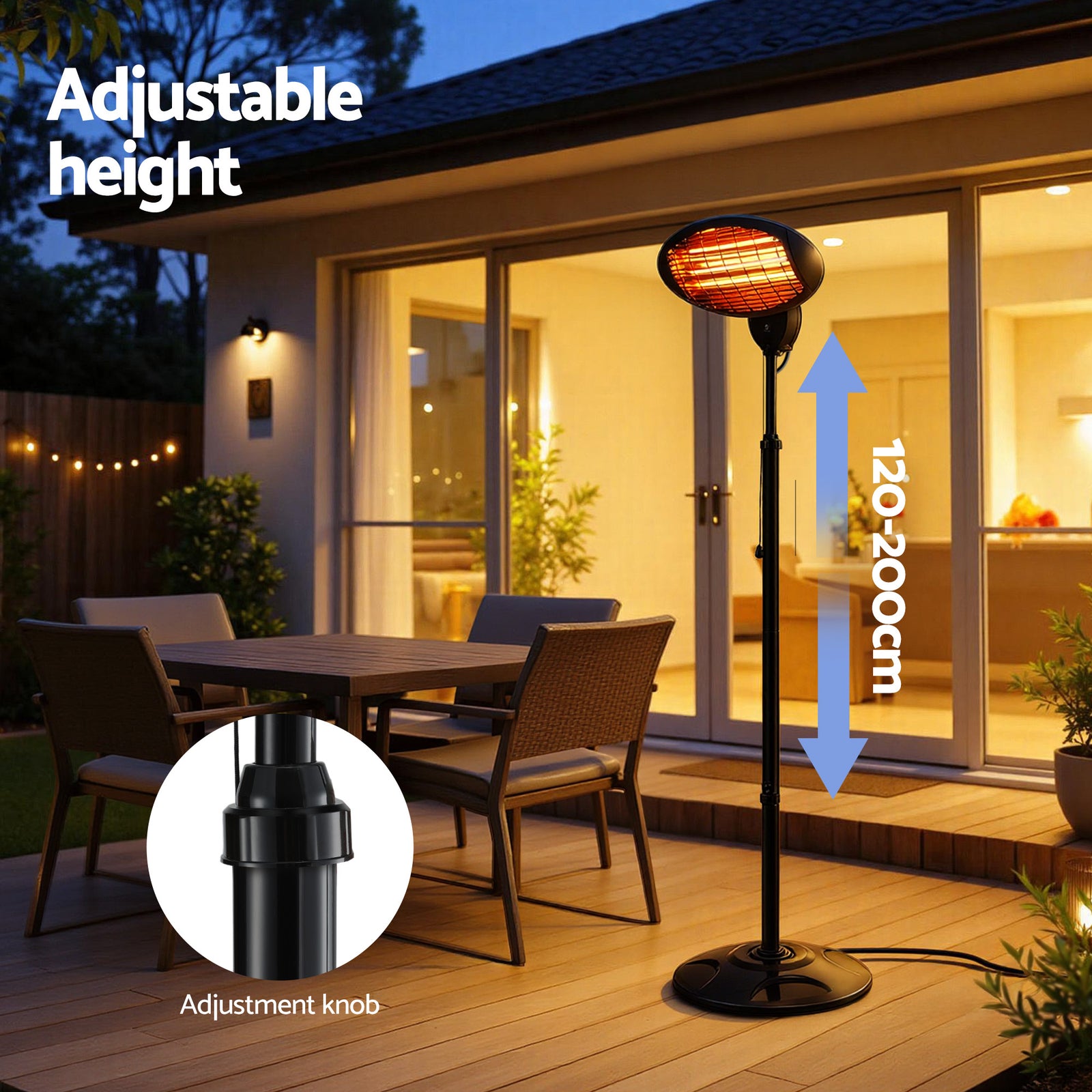 Electric Patio Heater – 2000W, 3 Heat Settings, Adjustable Height, IP34, Black