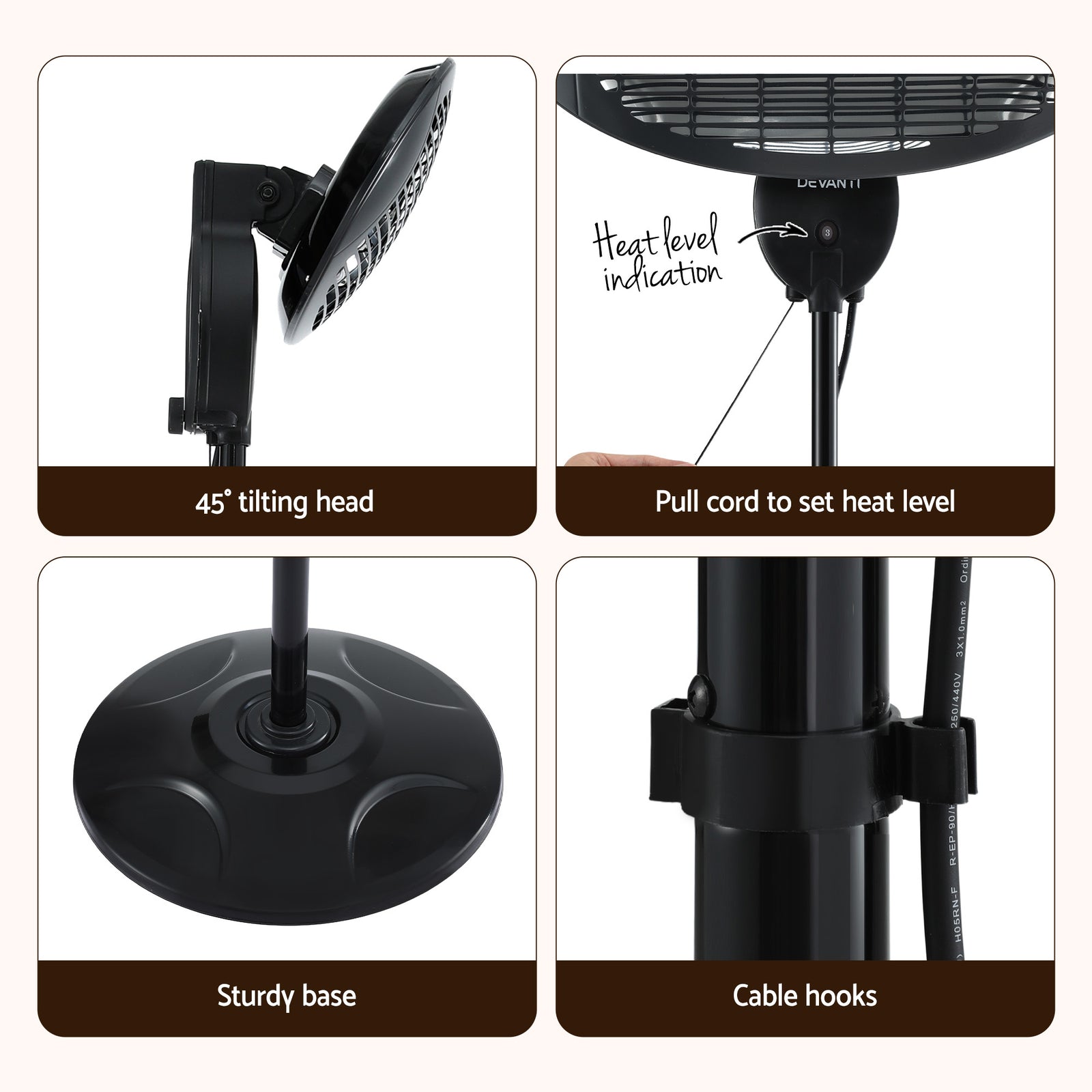 Electric Patio Heater – 2000W, 3 Heat Settings, Adjustable Height, IP34, Black