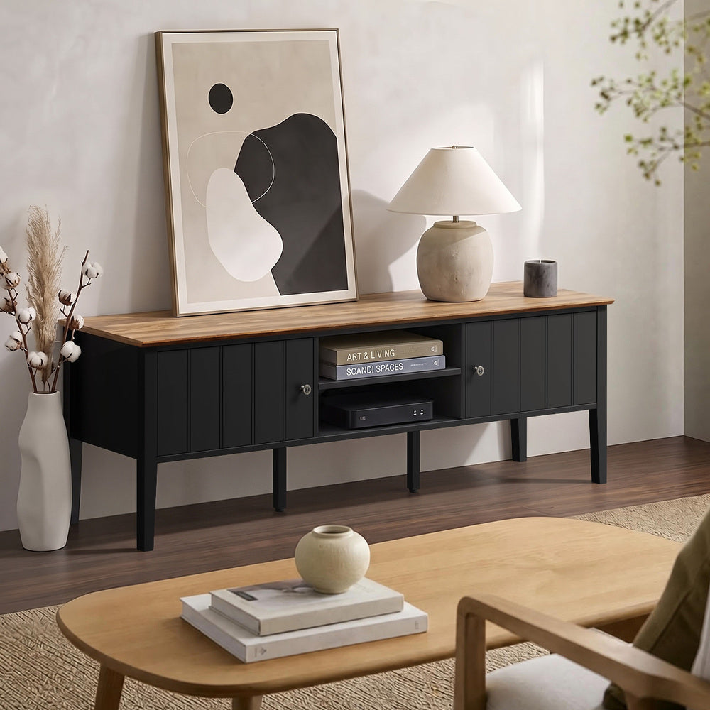 Oikiture TV Cabinet 150cm Entertainment Unit Storage Shelves Black