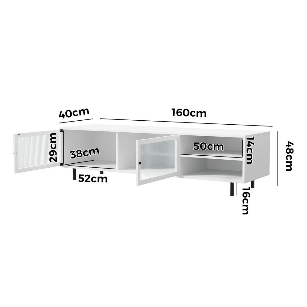 TV Stand – 160cm Entertainment Unit, Tempered‑Glass Doors, 2 Shelves, White