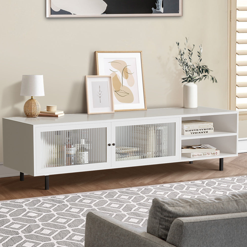 TV Stand – 160cm Entertainment Unit, Tempered‑Glass Doors, 2 Shelves, White