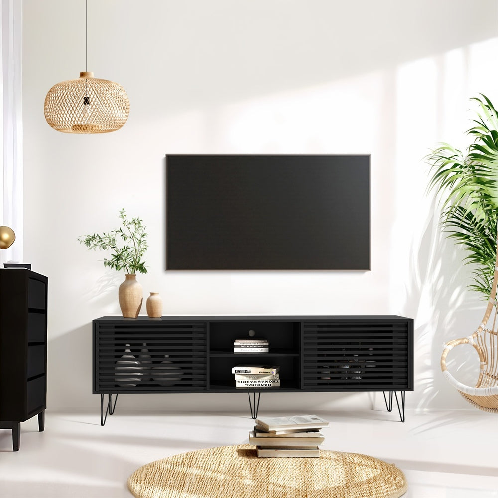 TV Stand – 180cm Entertainment Unit, Sliding Doors, 2 Shelves, Black