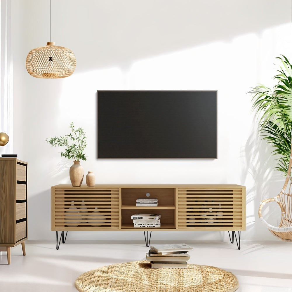 TV Stand – 180cm Sliding Door, 2 Cabinets, 2 Shelves, Natural