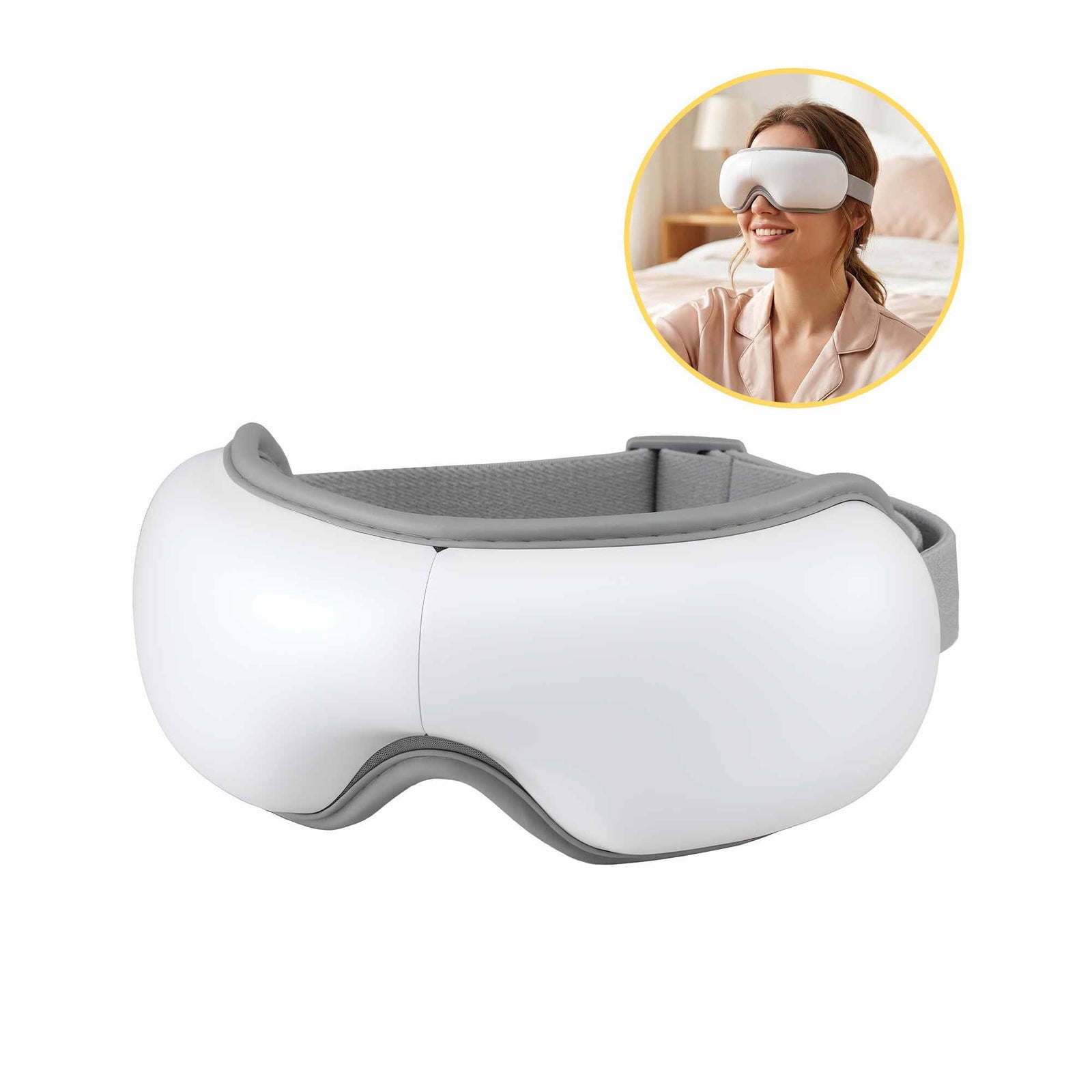 Eye Massager with Heat & Vibration – 180° Foldable, Bluetooth, White
