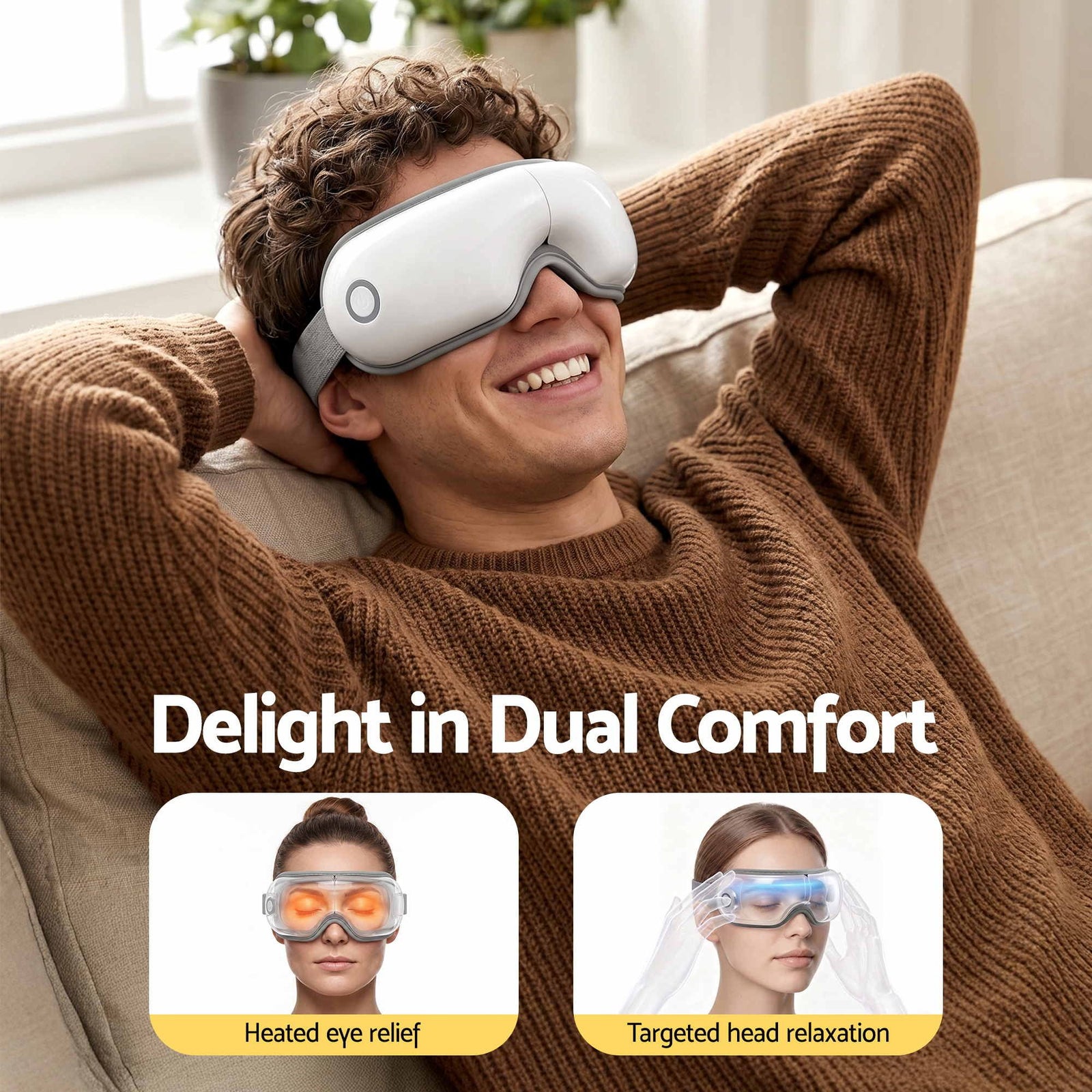 Eye Massager with Heat & Vibration – 180° Foldable, Bluetooth, White