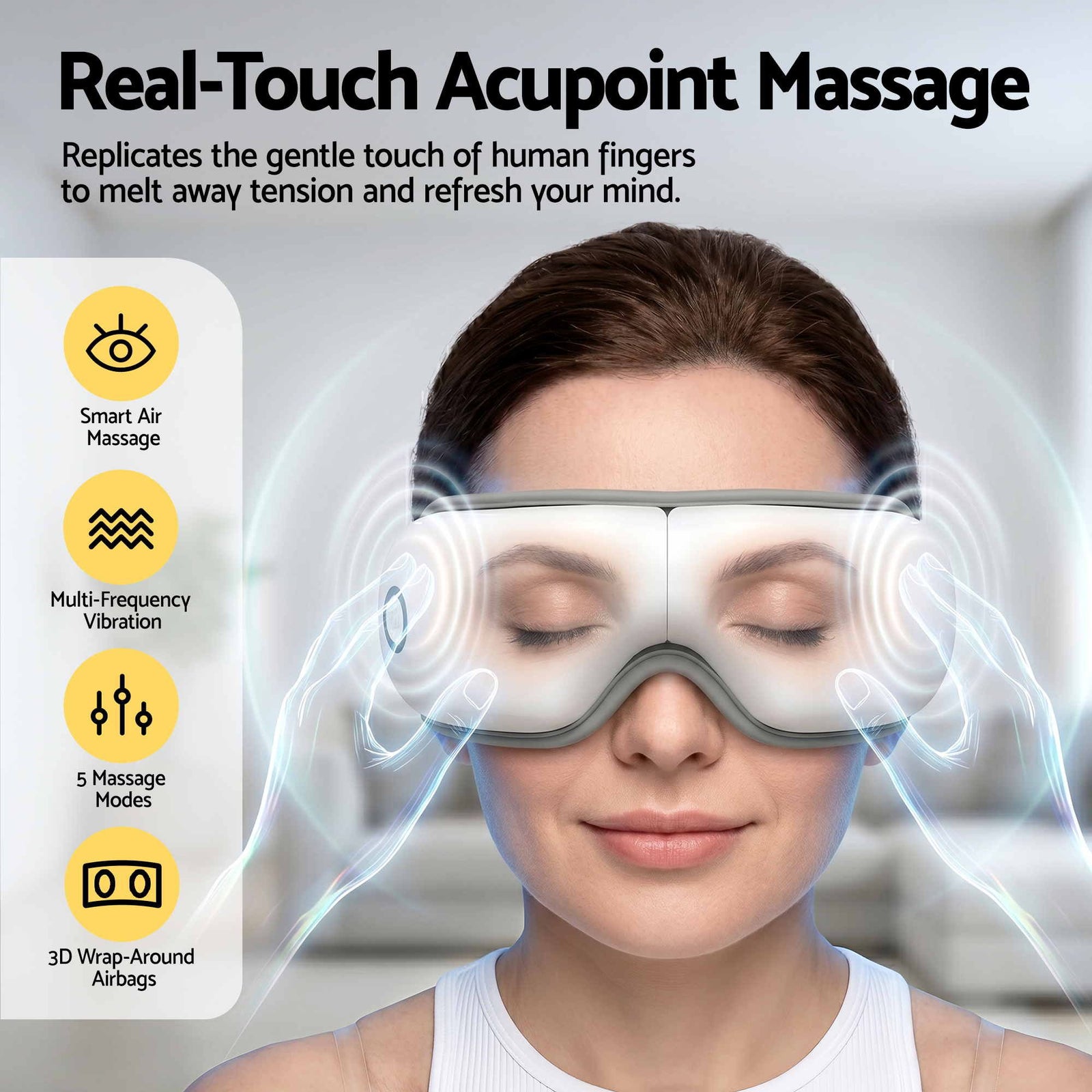 Eye Massager with Heat & Vibration – 180° Foldable, Bluetooth, White