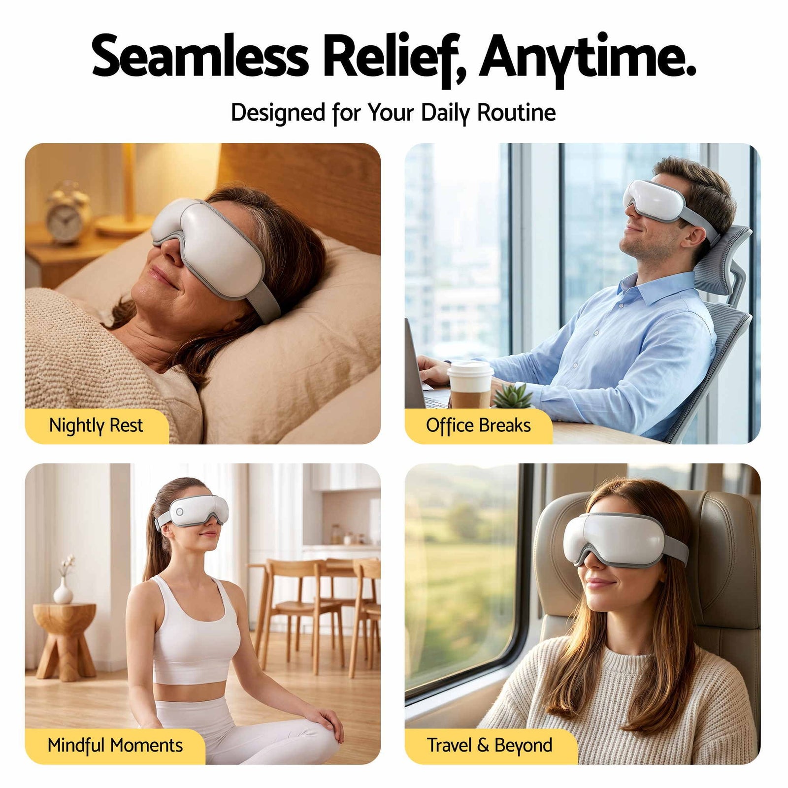 Eye Massager with Heat & Vibration – 180° Foldable, Bluetooth, White