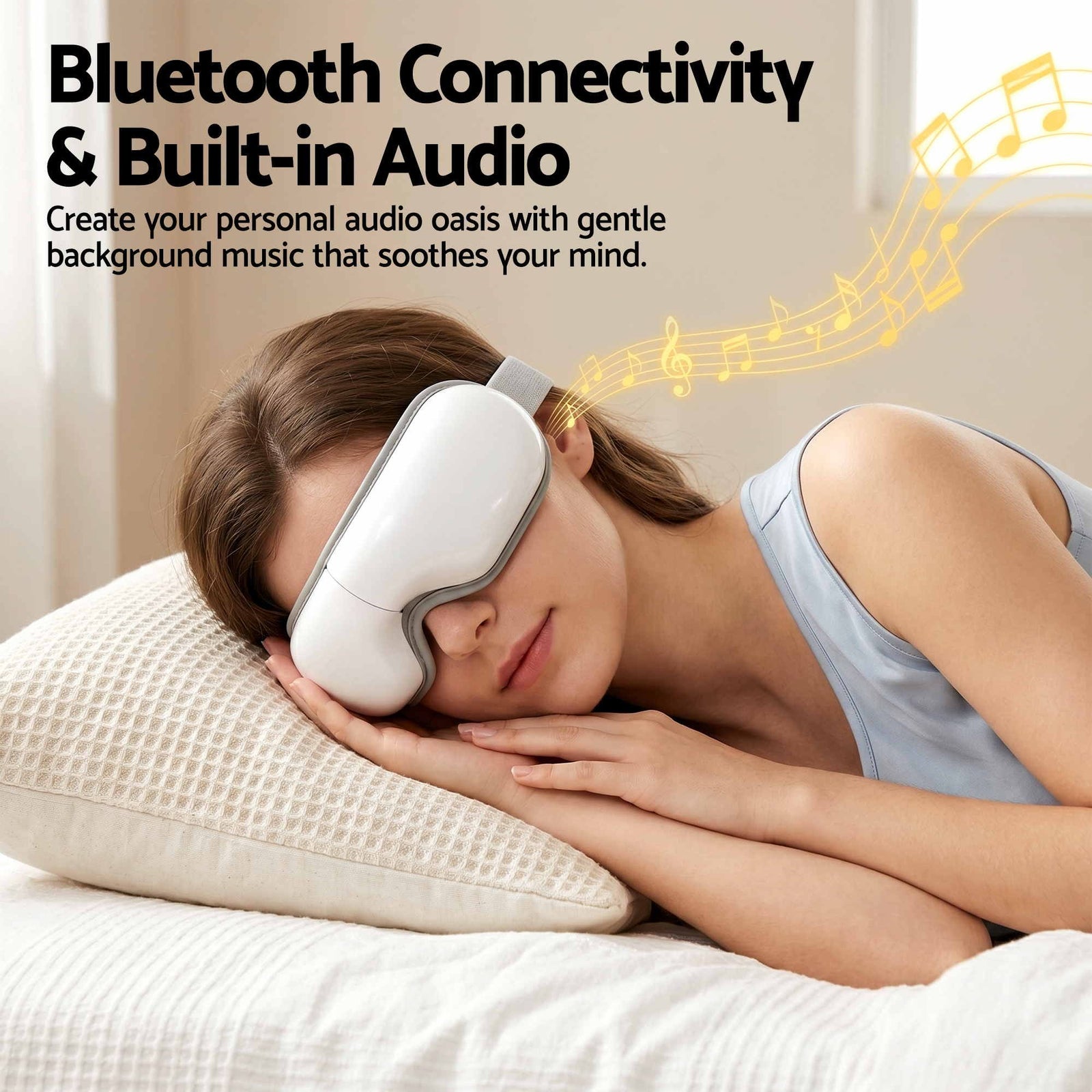 Eye Massager with Heat & Vibration – 180° Foldable, Bluetooth, White