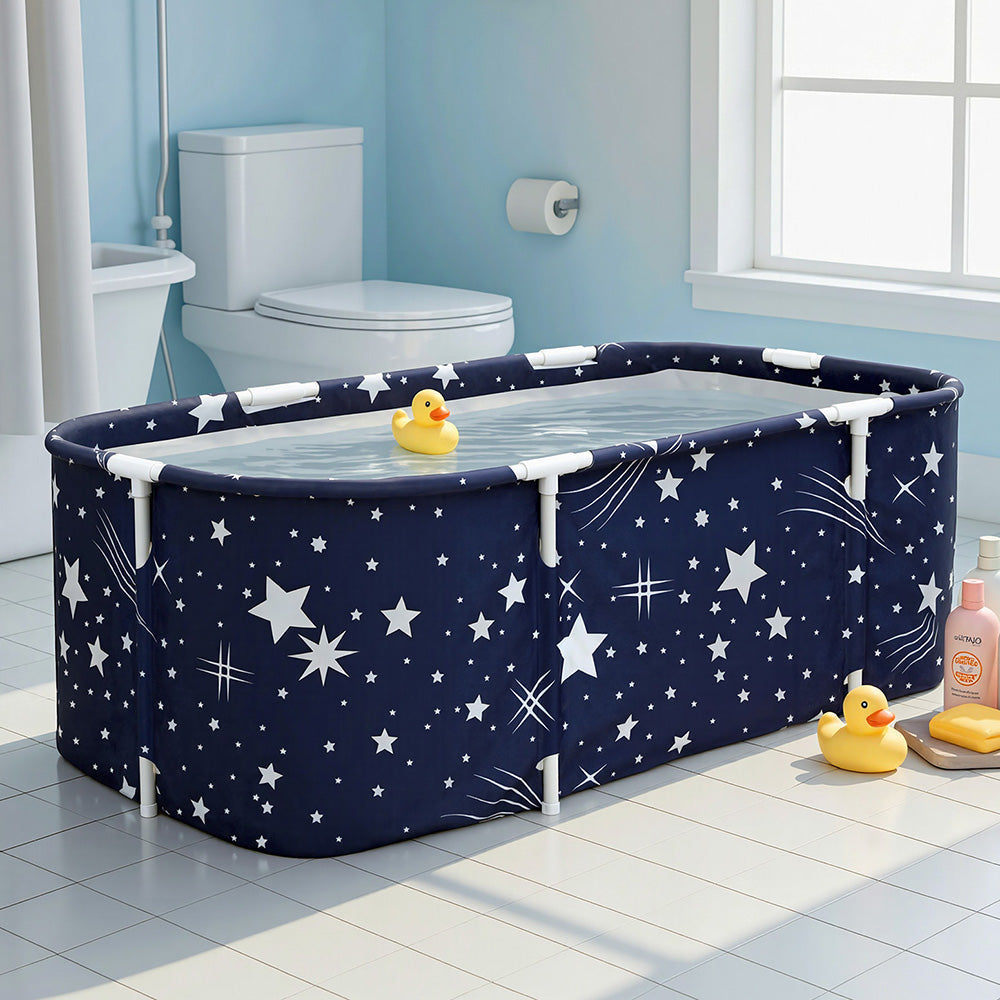 Foldable Bathtub PVC SPA Bucket Inflatable Cushion 134x65cm Star Navy