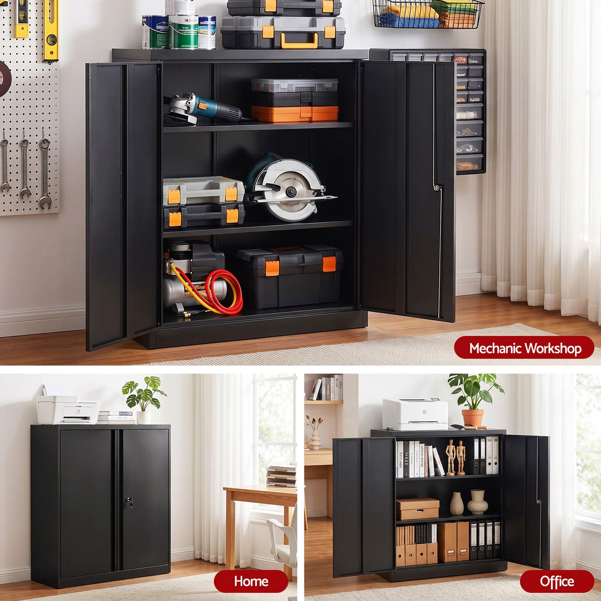 Artiss Steel Locker Filing Cabinet 100cm, 3-Point Lock, 2 Adjustable Shelves