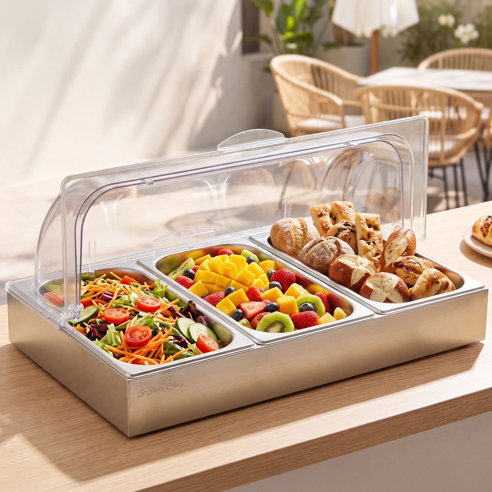 5-Star Chef 3 Pan Food Serving Display Stainless Steel with Clear Roll Top Cover