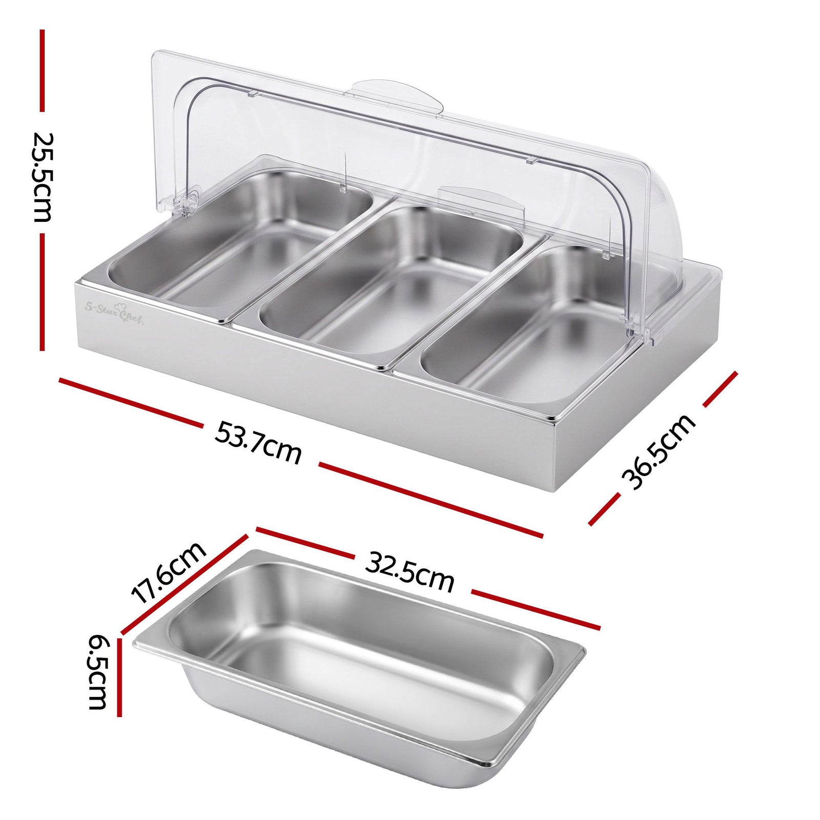 5-Star Chef 3 Pan Food Serving Display Stainless Steel with Clear Roll Top Cover