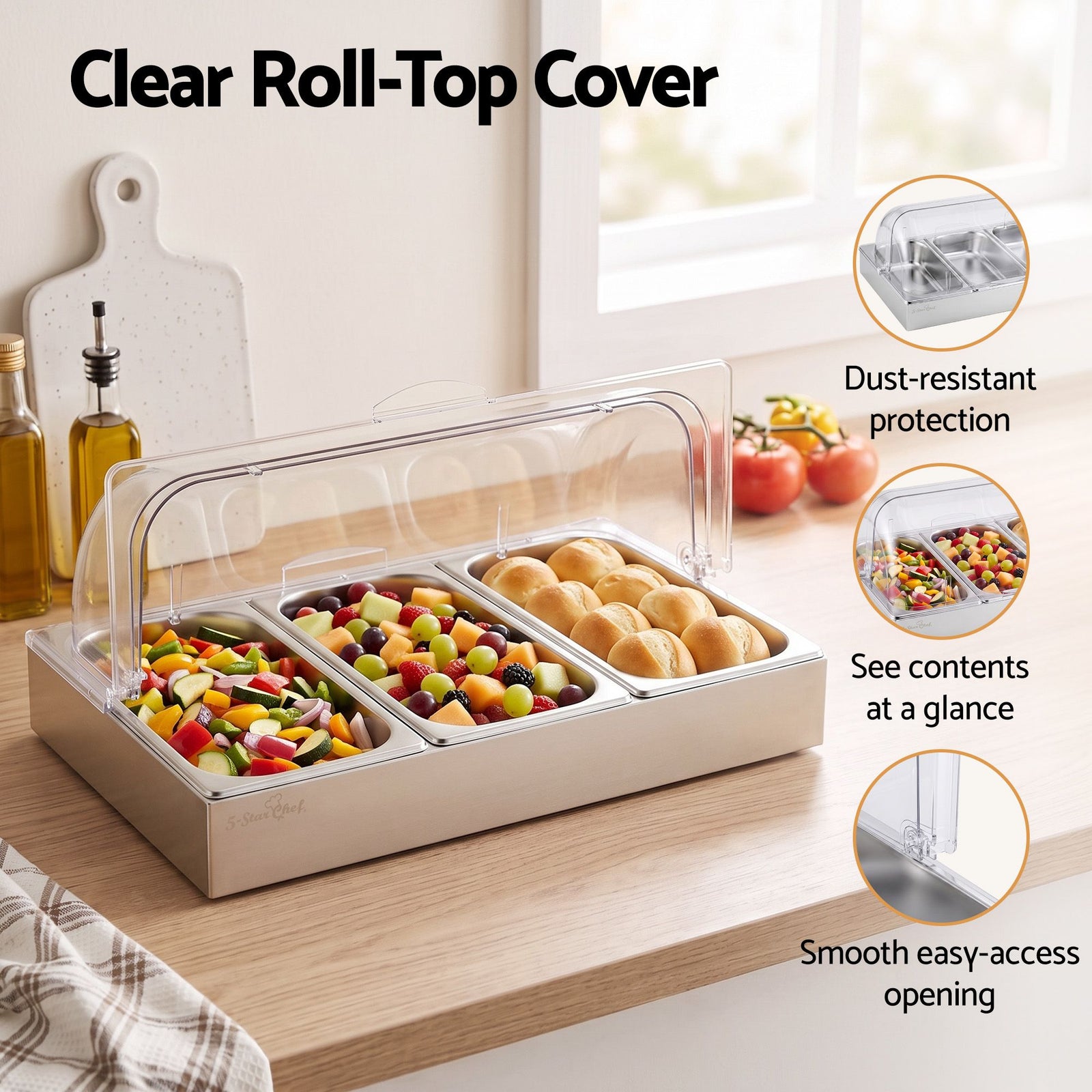 5-Star Chef 3 Pan Food Serving Display Stainless Steel with Clear Roll Top Cover