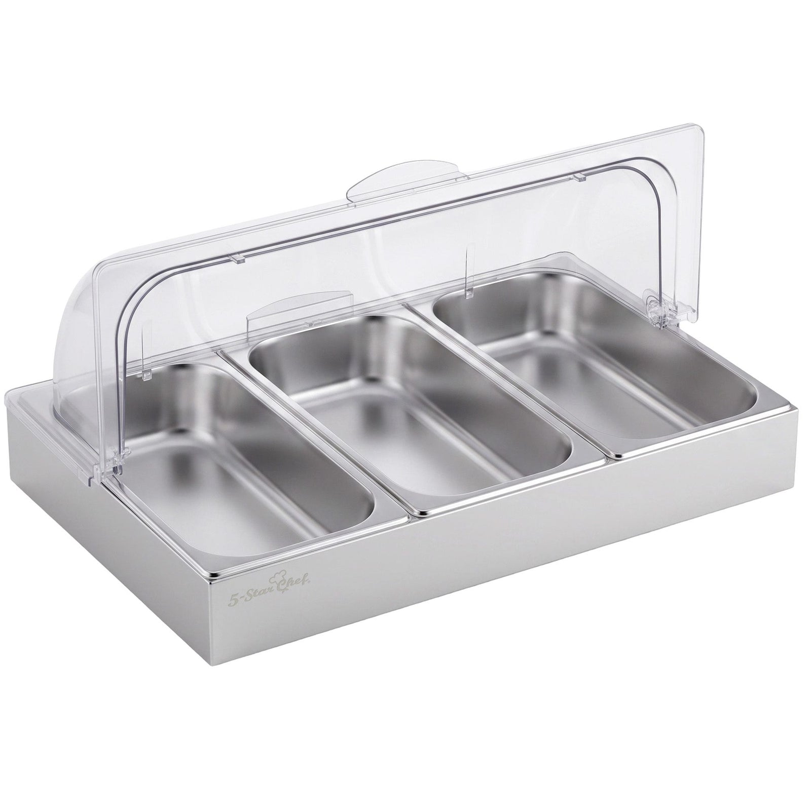 5-Star Chef 3 Pan Food Serving Display Stainless Steel with Clear Roll Top Cover