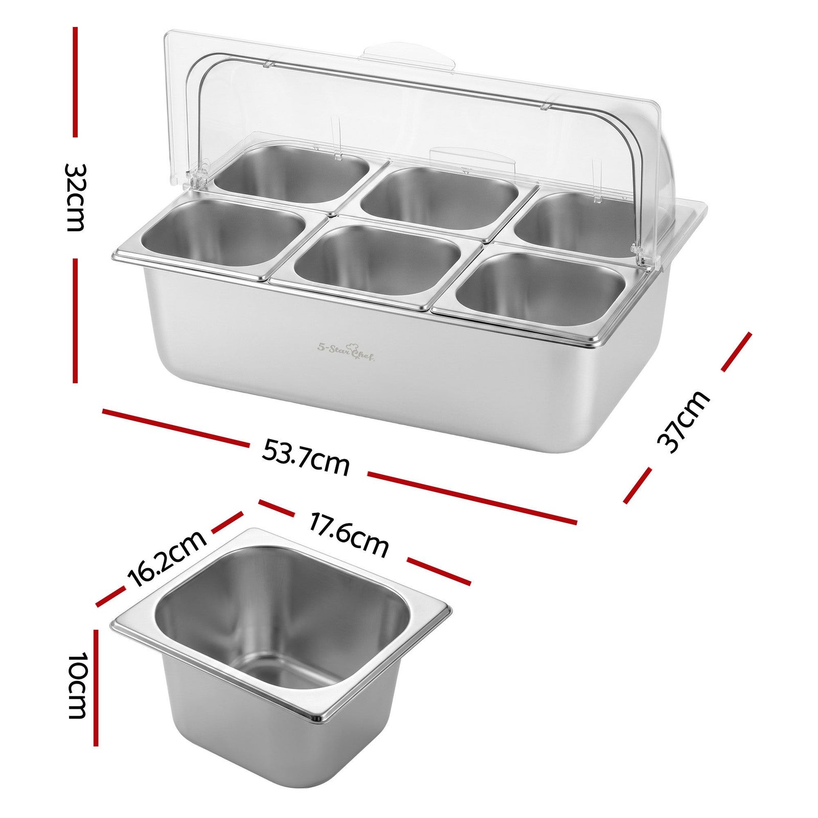 5-Star Chef 6 Pan Food Serving Display Stainless Steel Cooler Platter with Clear Roll Top Cover