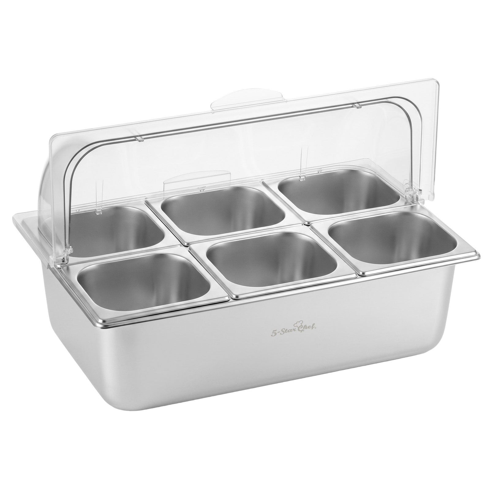5-Star Chef 6 Pan Food Serving Display Stainless Steel Cooler Platter with Clear Roll Top Cover
