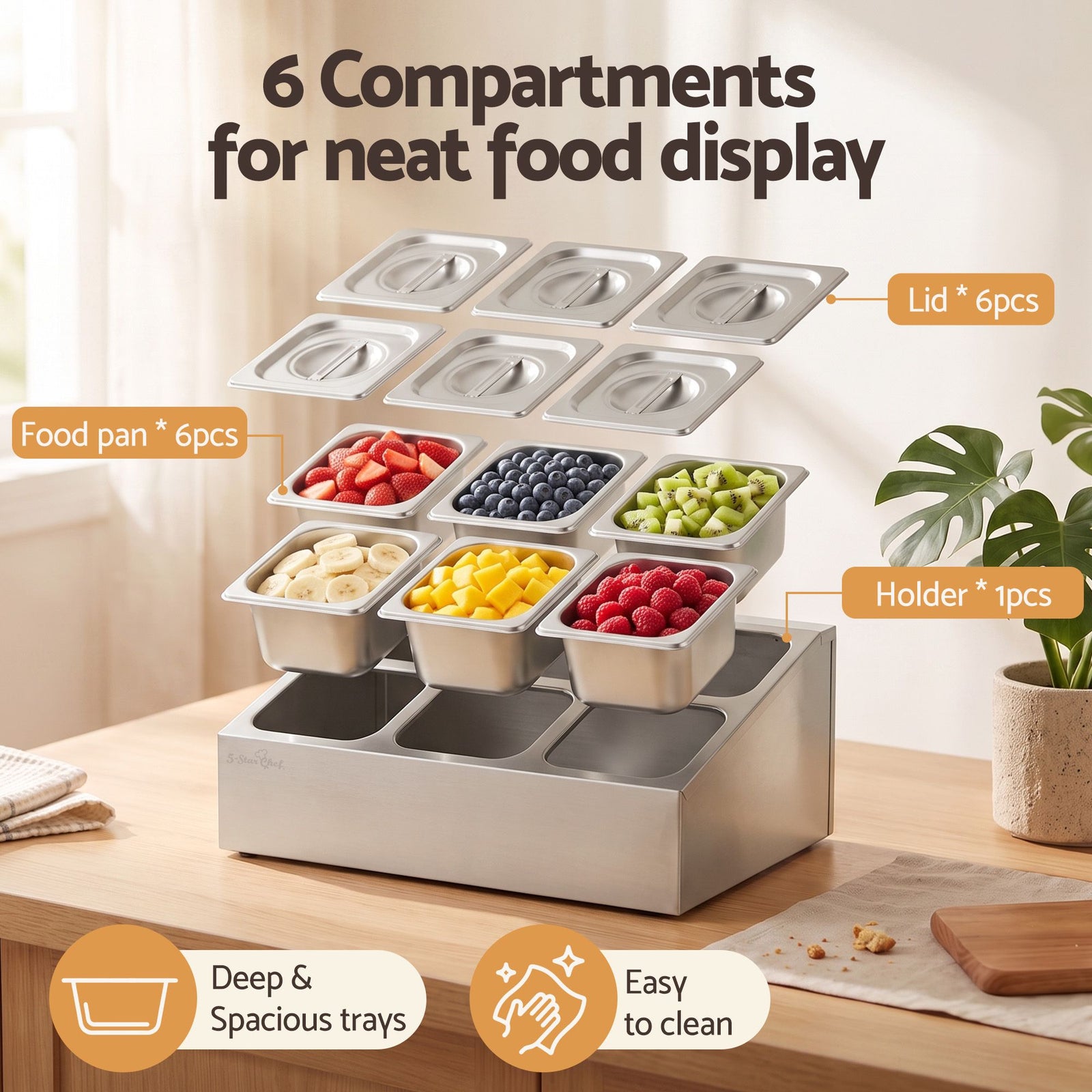5-Star Chef 6 Pan Food Serving Display Container Stainless Steel Food Container Lids